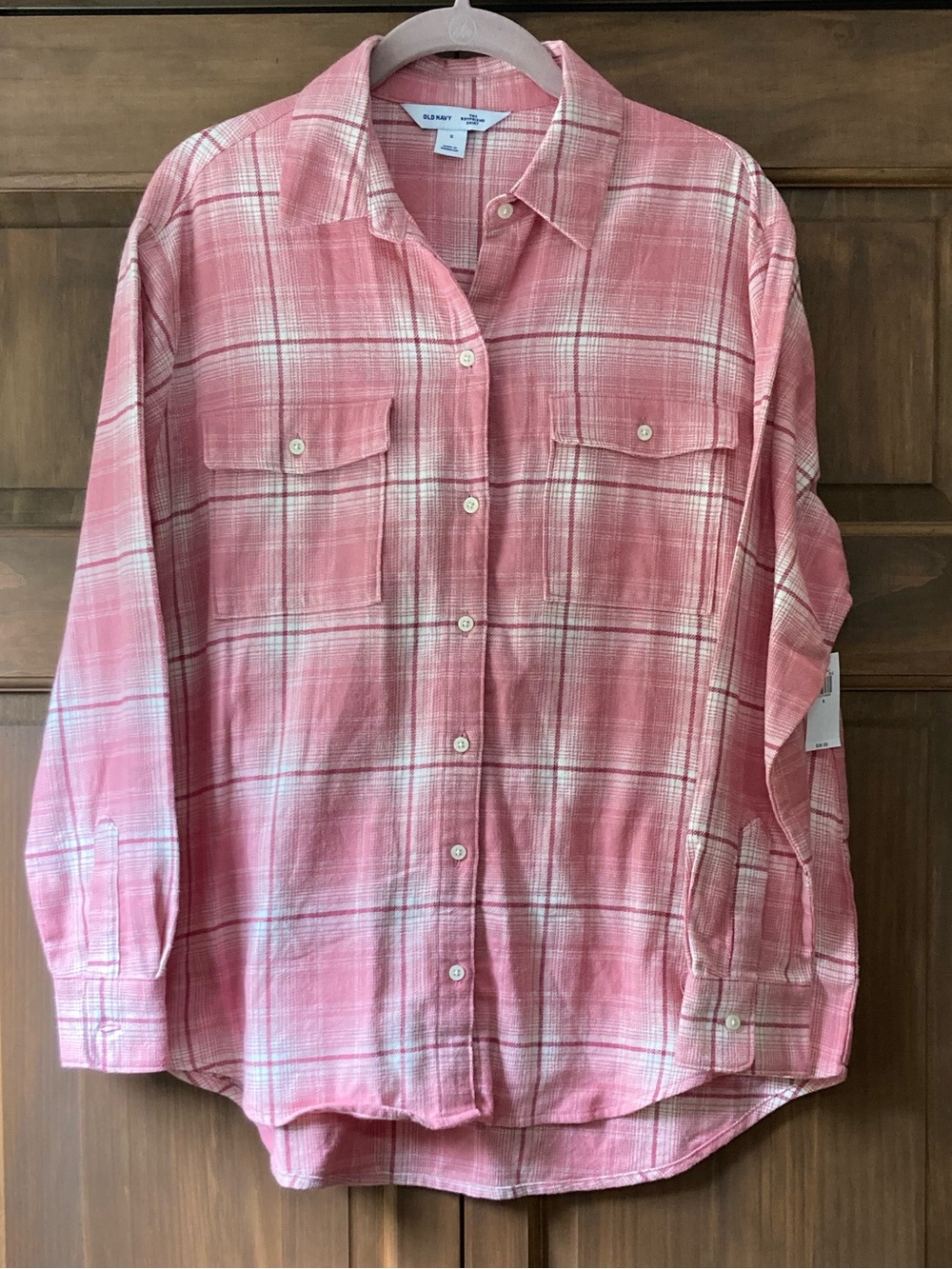 NWT Old Navy The Boyfriend Shirt Pink Plaid Flannel LS Button-up Shirt Small